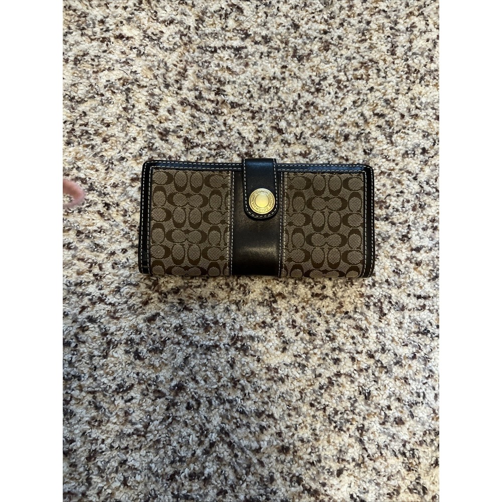 COACH Vintage Brown & Beige Signature Leather Card Case Wallet Clutch Snap E